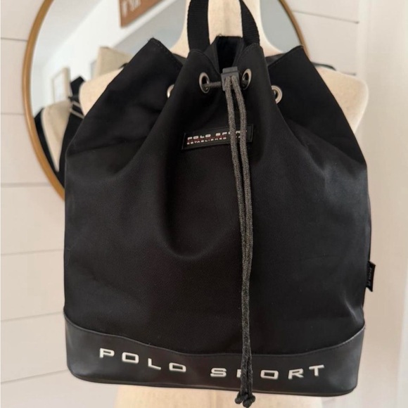 Polo Ralph Lauren Handbags - Vintage 90s Ralph Lauren Polo Sport Drawstring Backpack in Black Nylon - Y2K
